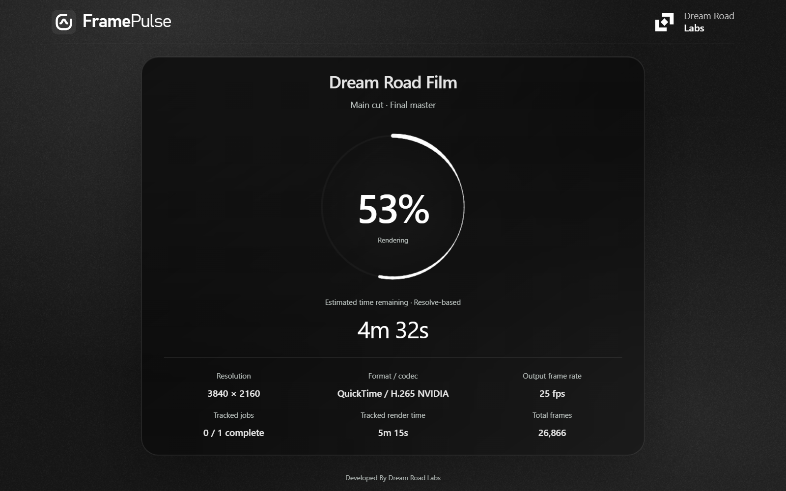 Actual FramePulse desktop viewer with demonstration render data